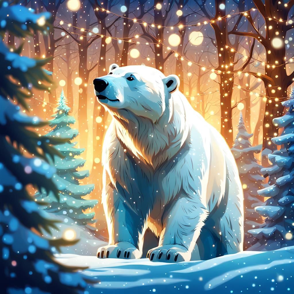 Majestic Polar Bear in Whimsical Christmas Wonderland