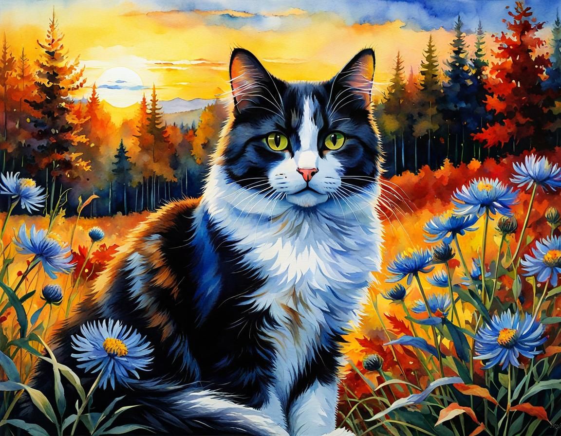Calico Cat in Autumnal Aster Field Watercolor