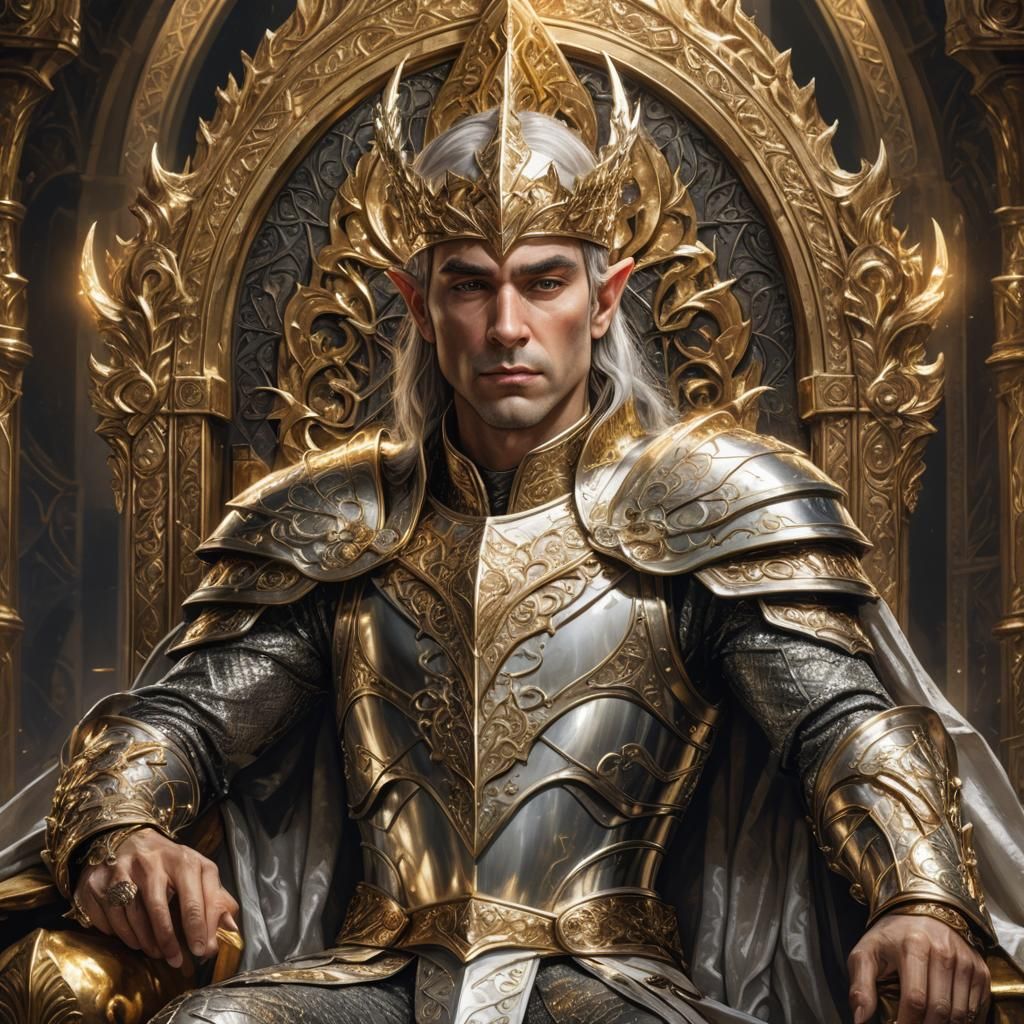 Elven King in Platinum Armor on Gold Throne