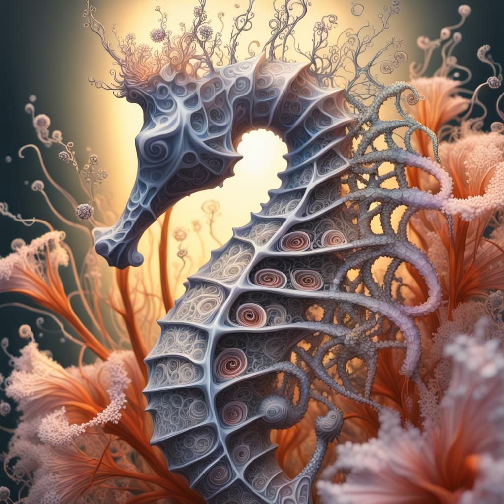 Intricate Seahorse in Fractal Suminagashi Style