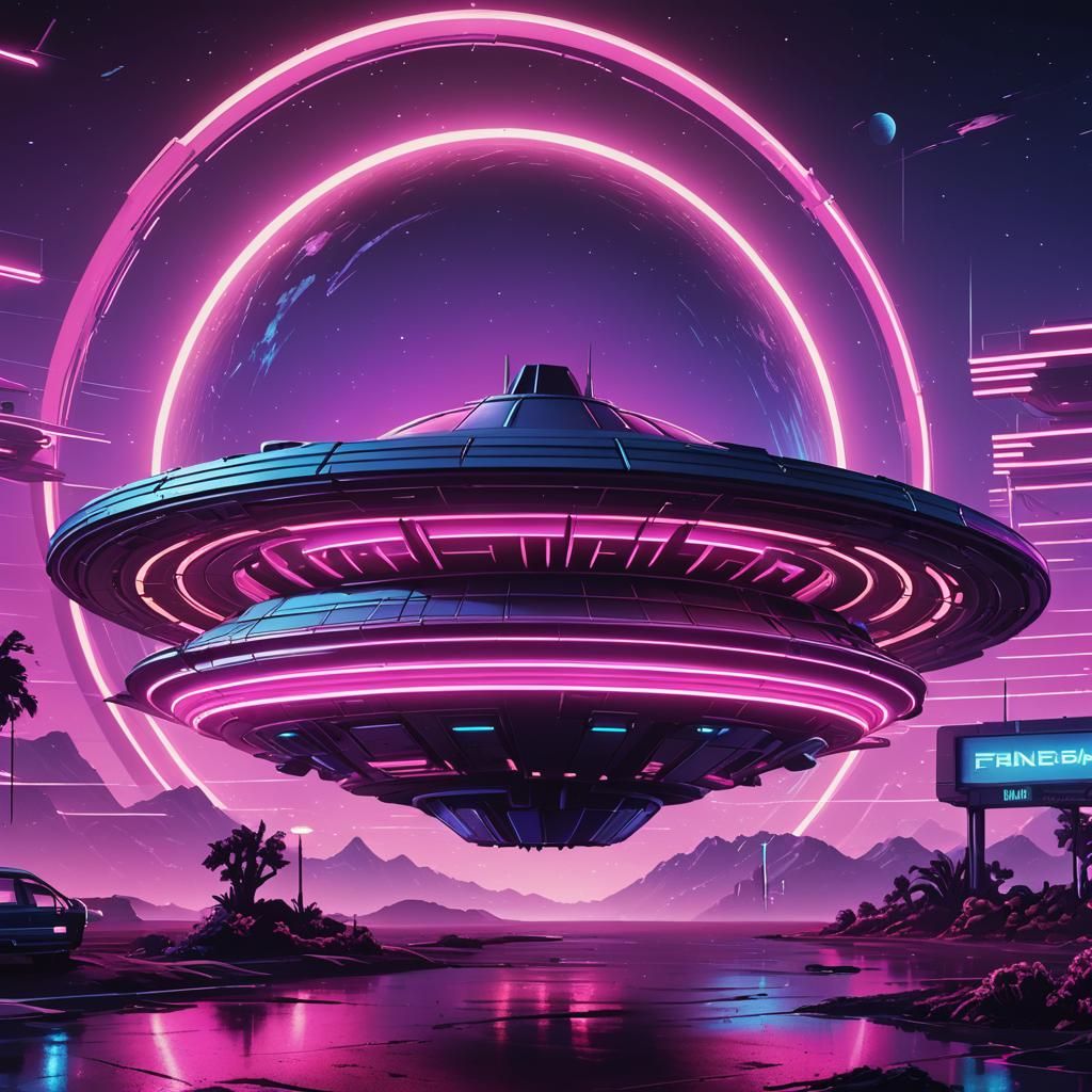 Funeral Home Spaceship Invades Saturn in Synthwave Style