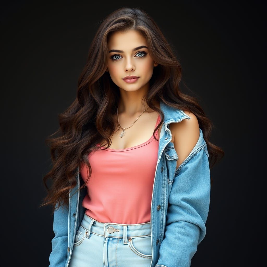 texan style teenage woman has long wavy dark brown hair blue...