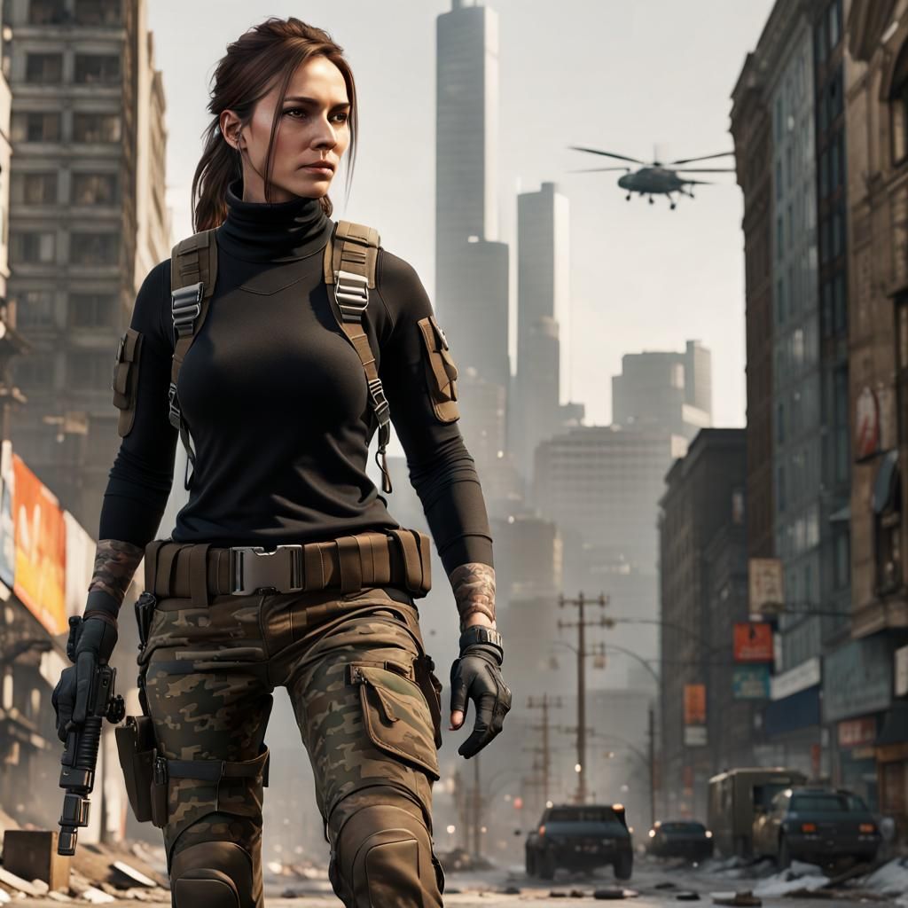 Tactical Woman in Warzone City: Photorealistic Digital Art