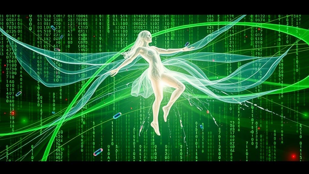 Digital Awakening Scene: Translucent Figure Emerges from Gre...