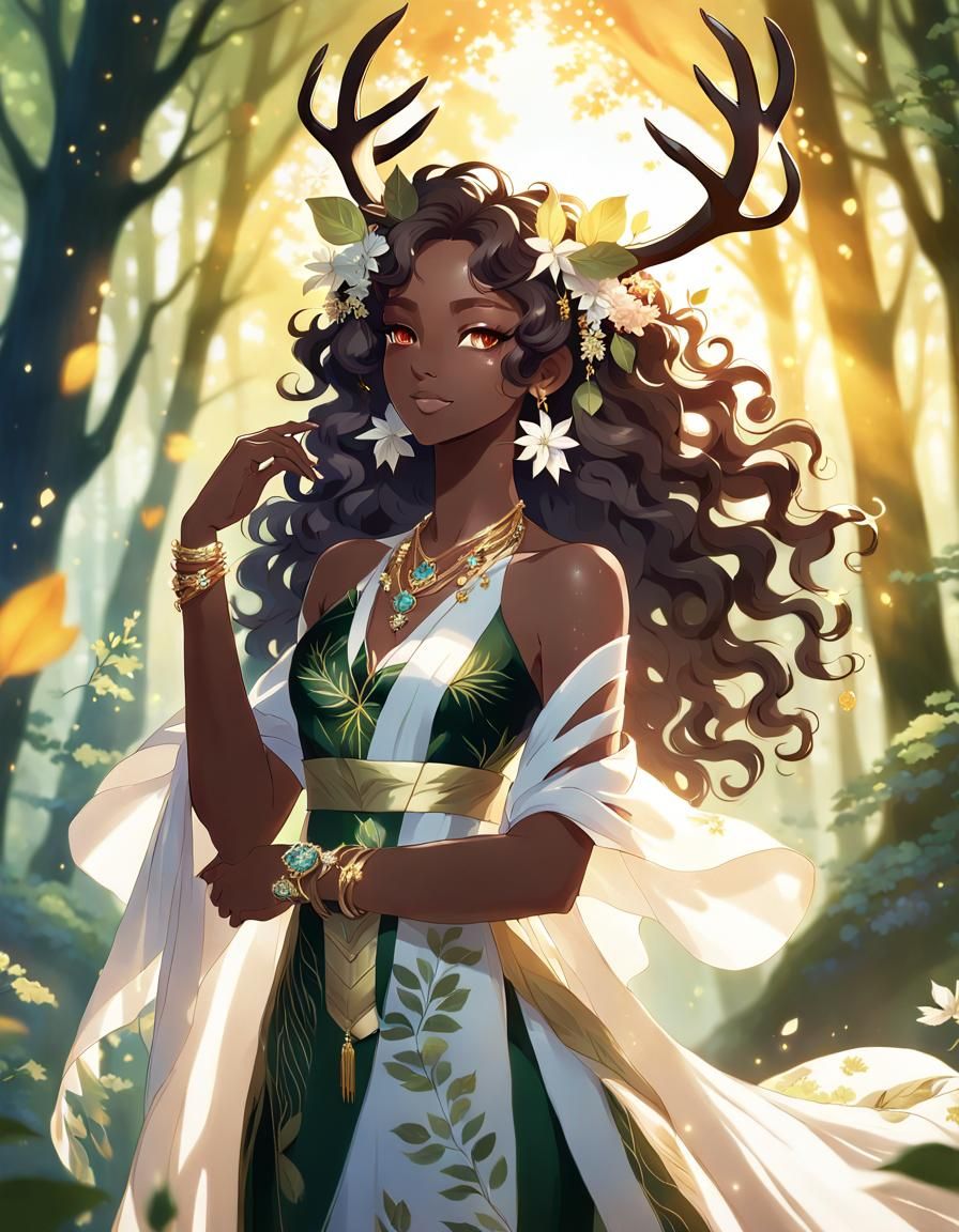 Ethereal Forest Woman with Antlers in Anime Style