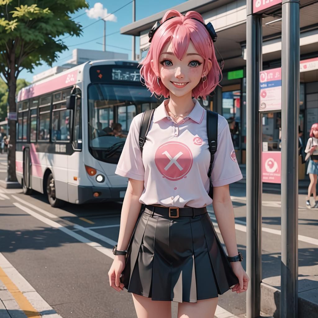 A Girl Standing At a Bus Stop