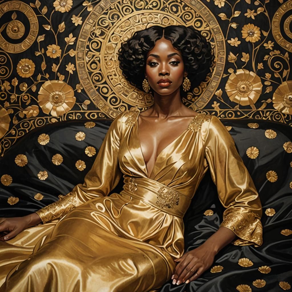 Black Woman in Gold Gown: Klimt-Inspired Art