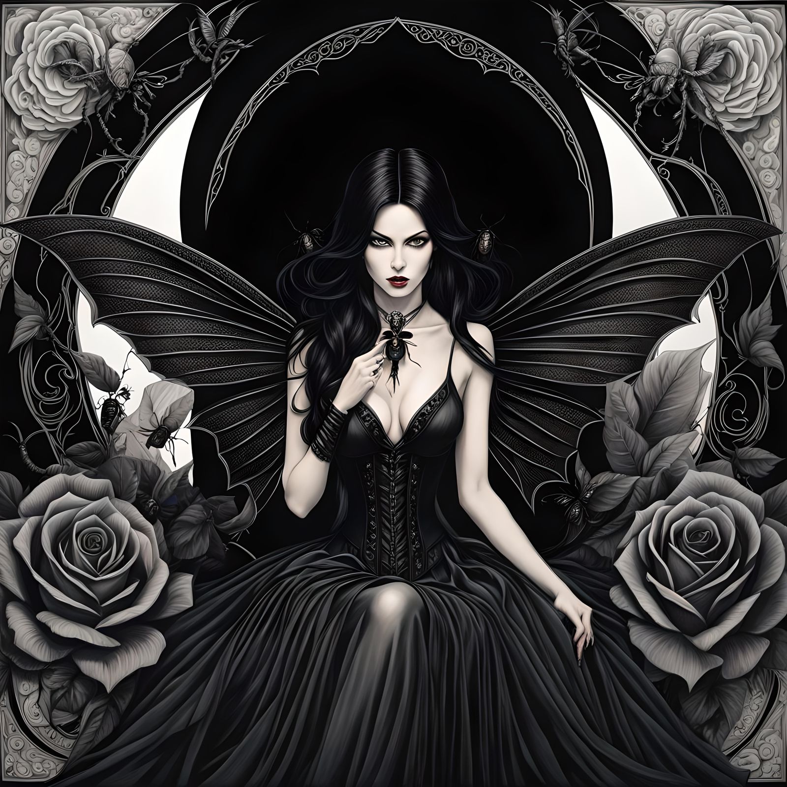 Gothic Fairy in Black Rose, Charcoal Drawing