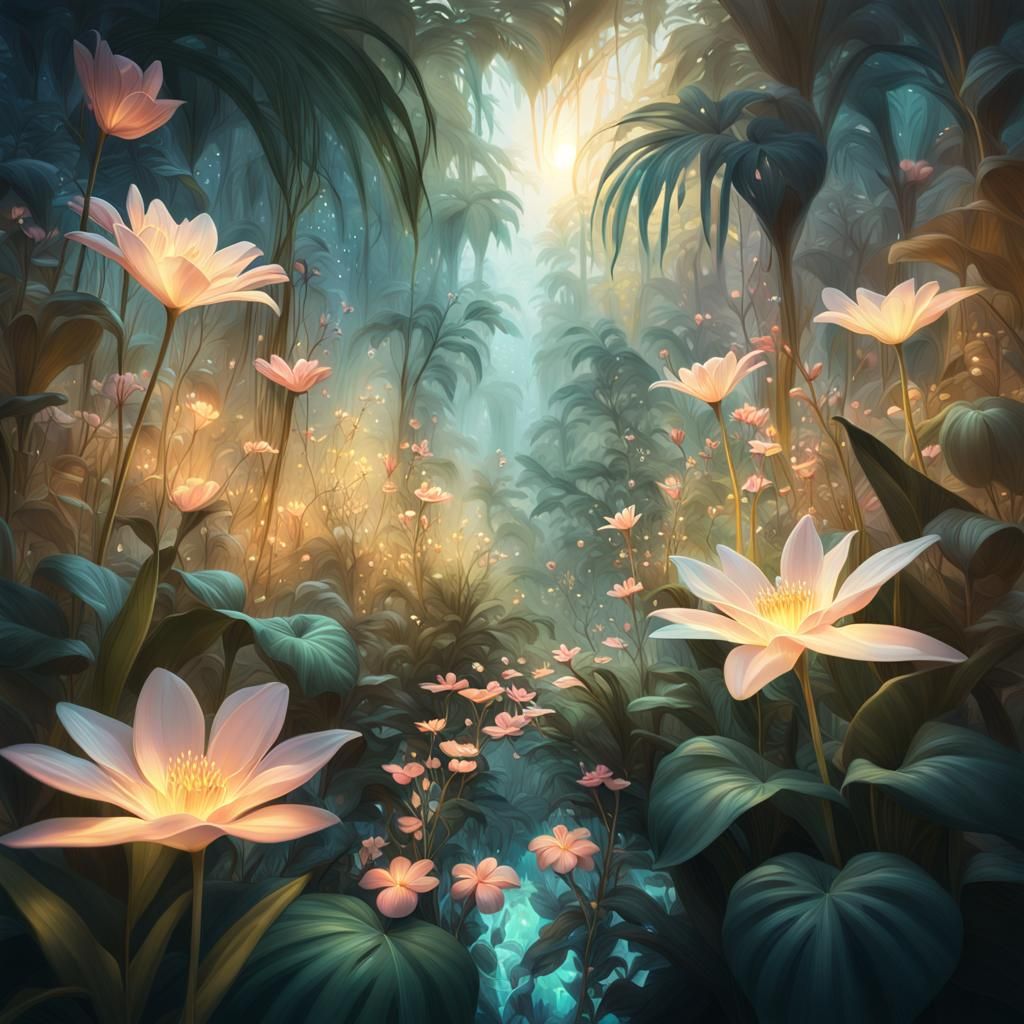 Glass Flowers in Pastel Jungle: Digital Matte Painting