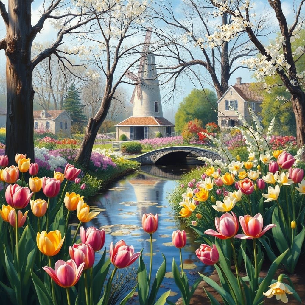 Vibrant Dutch Watermill Scene in Whimsical Oil Painting Styl...