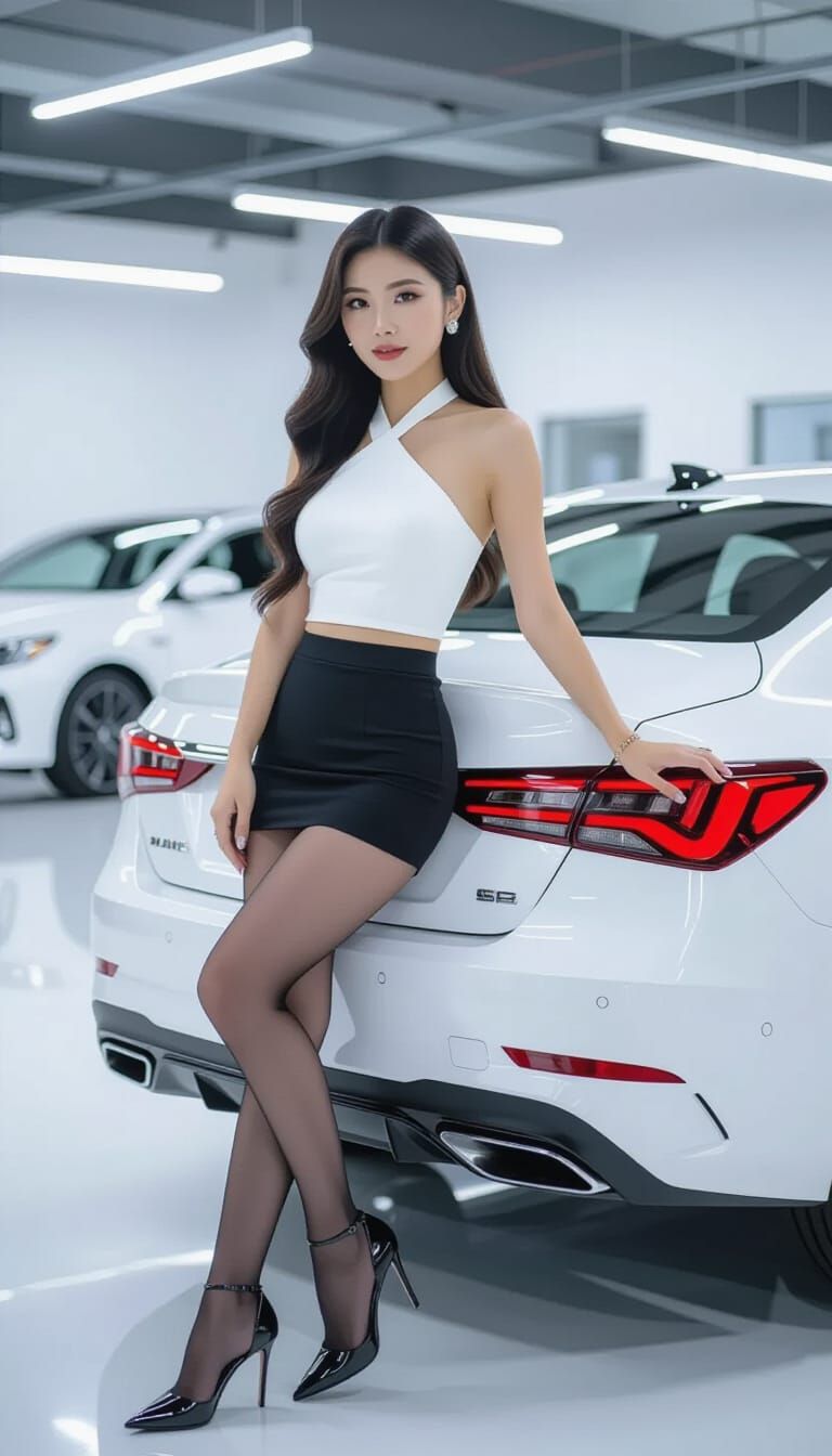 Glamorous Woman Poses with Car in Modern Garage
