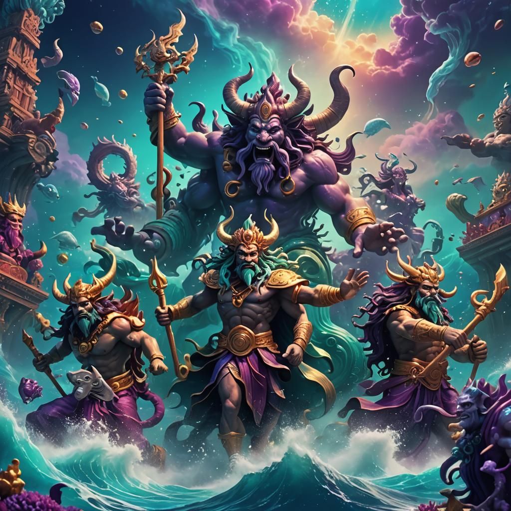 Mythological Ocean Churning in Cinematic 3D Cartoon Style