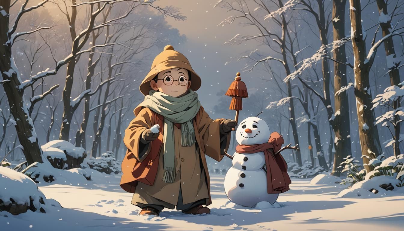 Monk Builds Snowman in Studio Ghibli Style