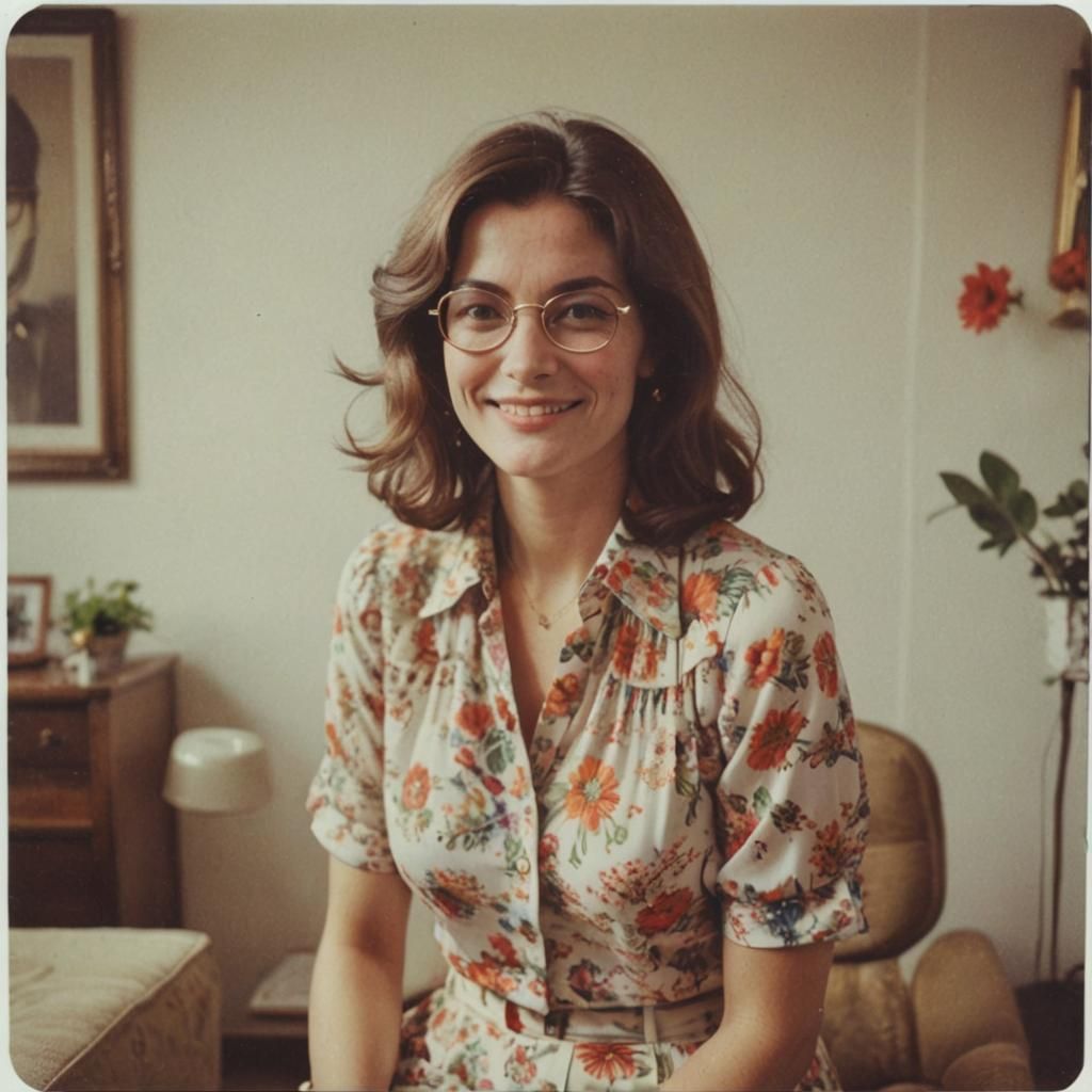 "Polaroid photograph, in white border, soft tones, soft focus, picture of smiling woman 1970s wearing glasses and blowin...