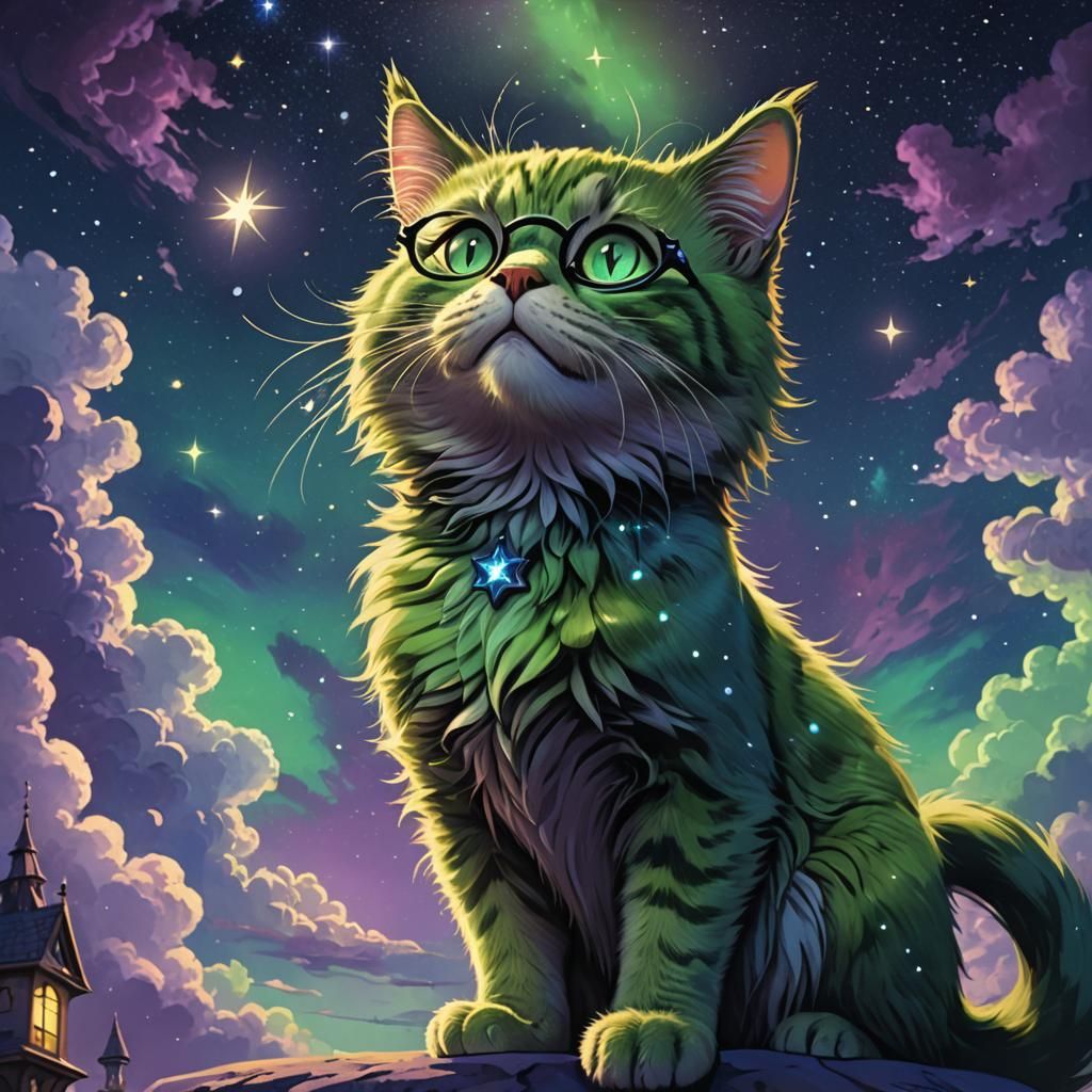 Green Cat Gazing at Starry Sky, Fantasy Concept Art