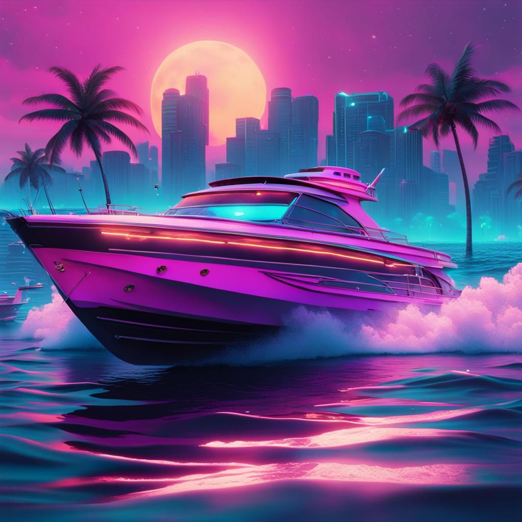 Vaporwave Miami Vice Boat Chase in Detailed Matte Painting