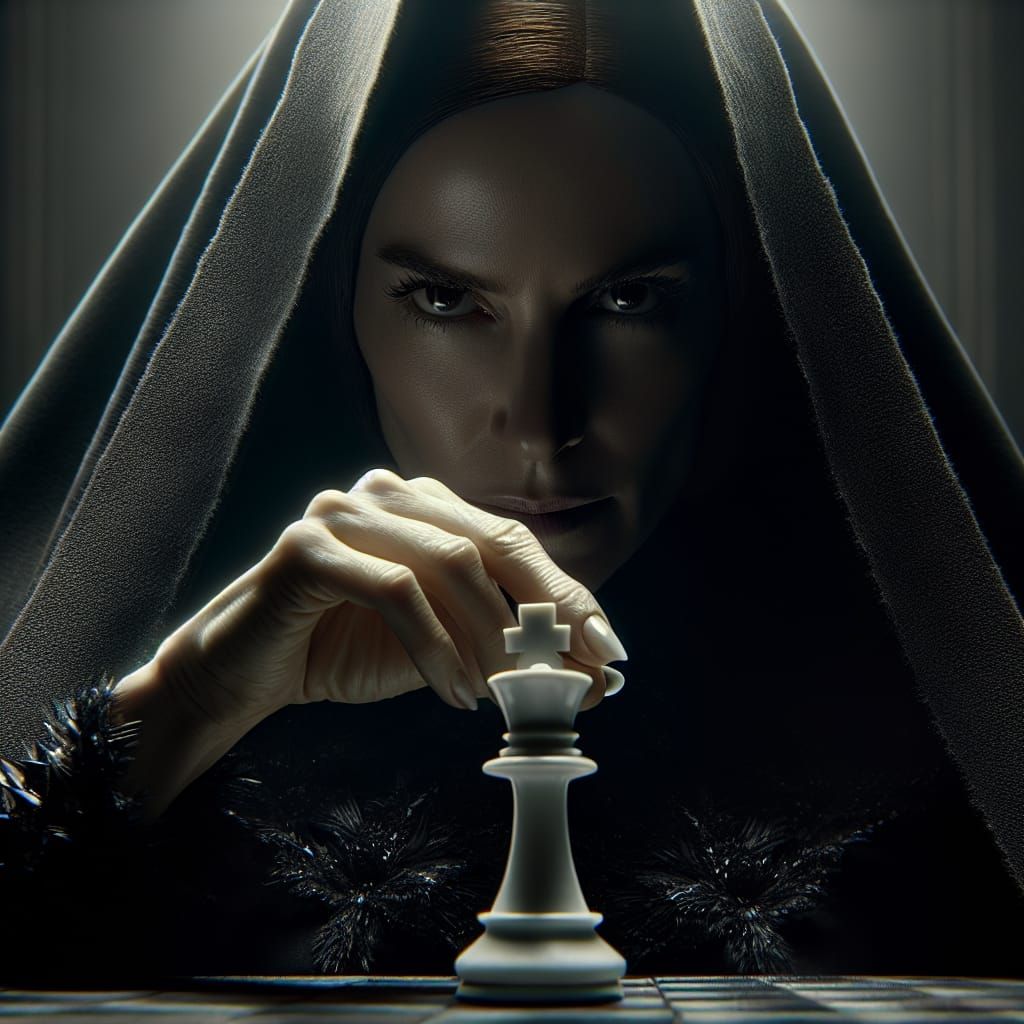 Sinister Woman with Chess King in Cinematic HDR