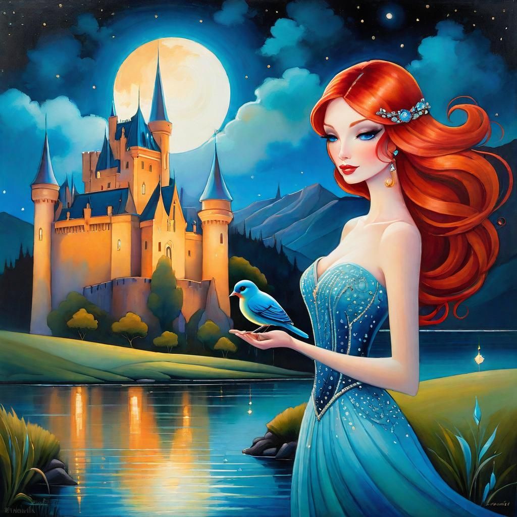 Redhead Woman with Bird in front of Castle as Watercolor