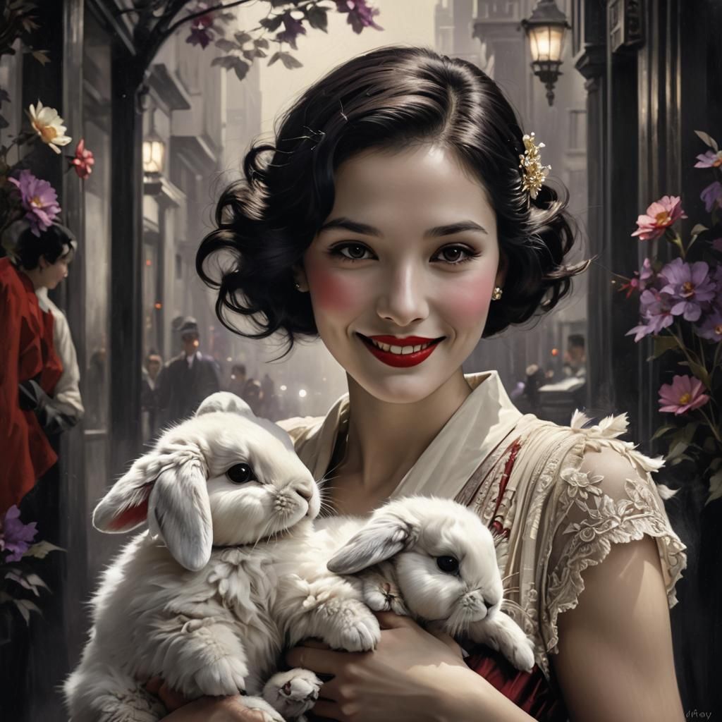 1930s Style Woman Holding a Bunny in Art Deco