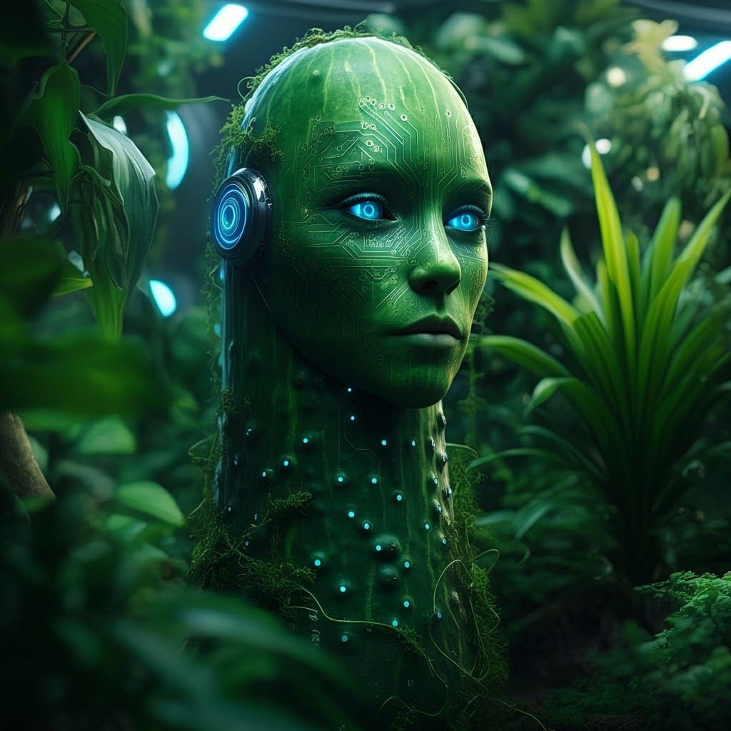Futuristic Cucumber Robot in Botanical Garden, Professional ...