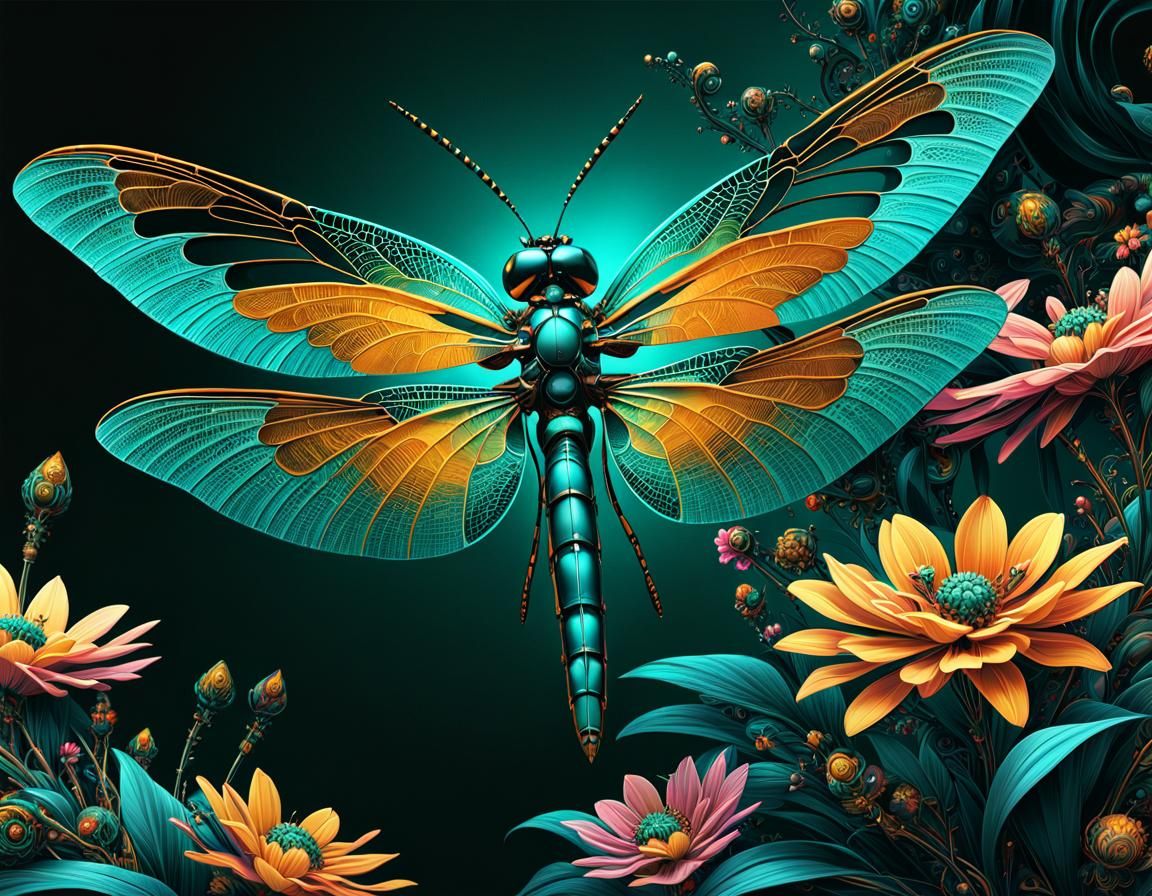 Floral Cyberpunk Dragonfly Digital Illustration in 8K