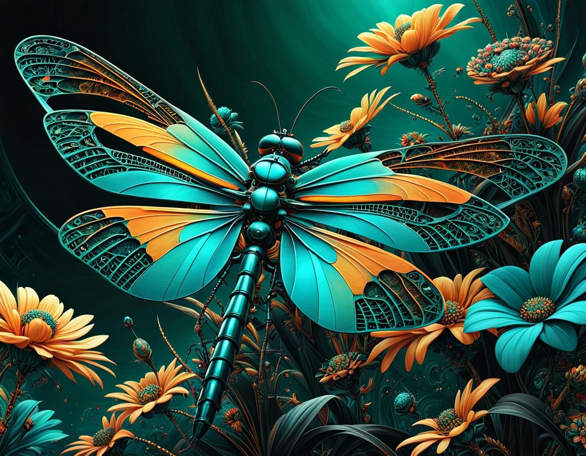 Floral Cyberpunk Dragonfly Digital Illustration