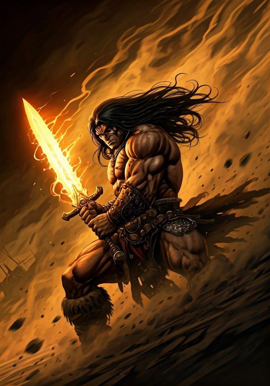 Epic Conan Warrior Wields Sword of Ancient Earth Magic in Dy...