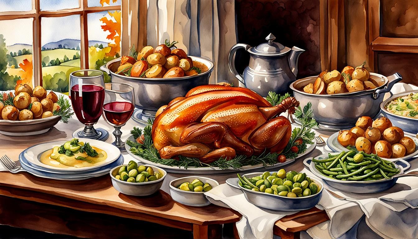 Thanksgiving Dinner in Cafe, Watercolor Illustration