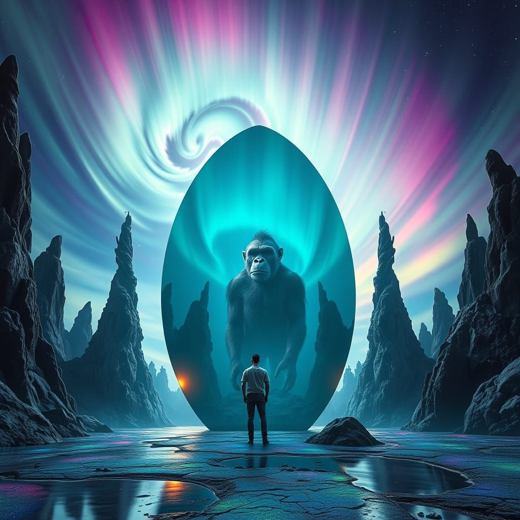 Surreal Mirror Reflects Neanderthal Under Aurora Sky