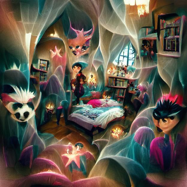 Magical Ruffians in Cozy Den: Whimsical Cartoon Illustration