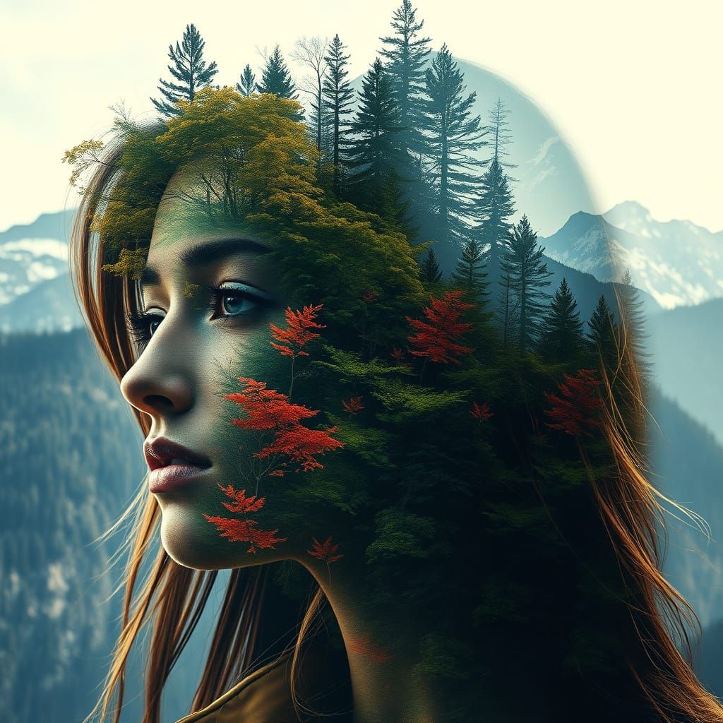 Woman's Profile Blends with Vibrant Forest in Double Exposur...