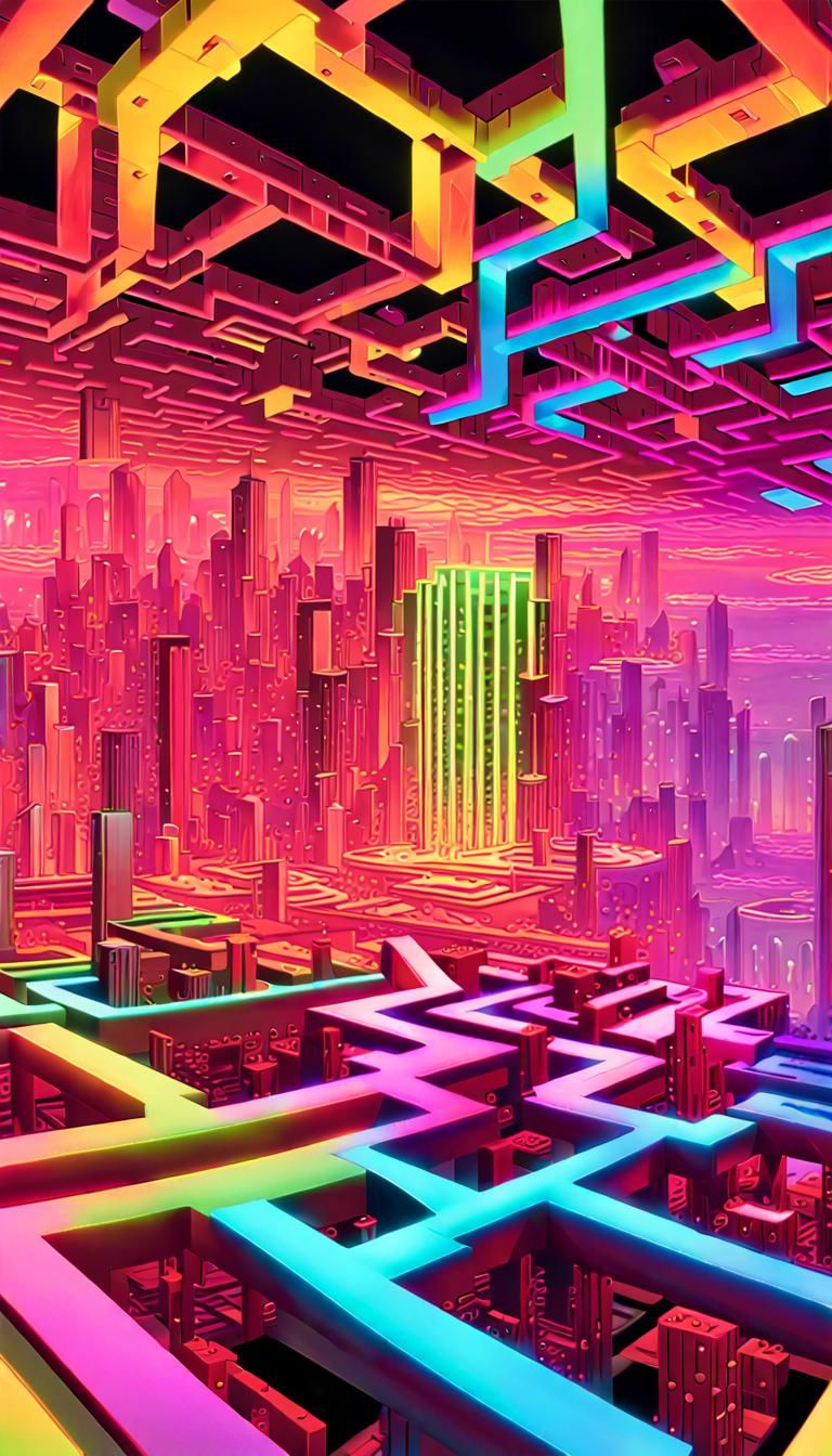 Glowing Neon Maze with 3D Effects and Fractal Art