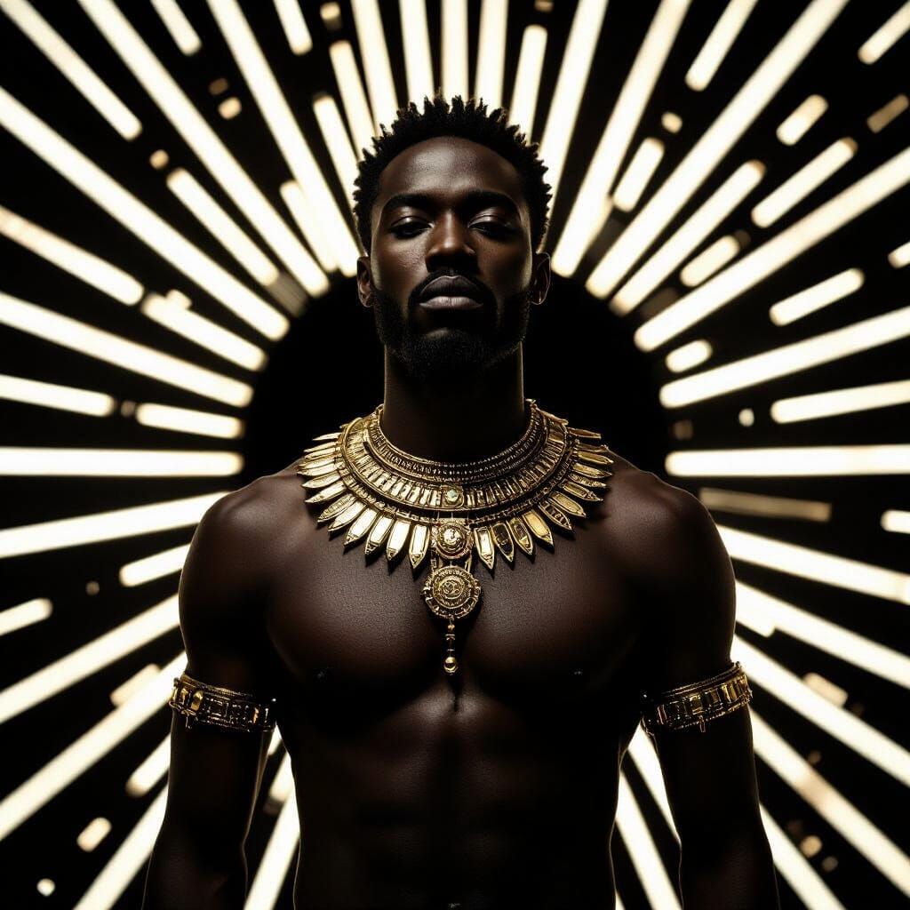 Black Man with Gold Artifacts in Dramatic Shadow