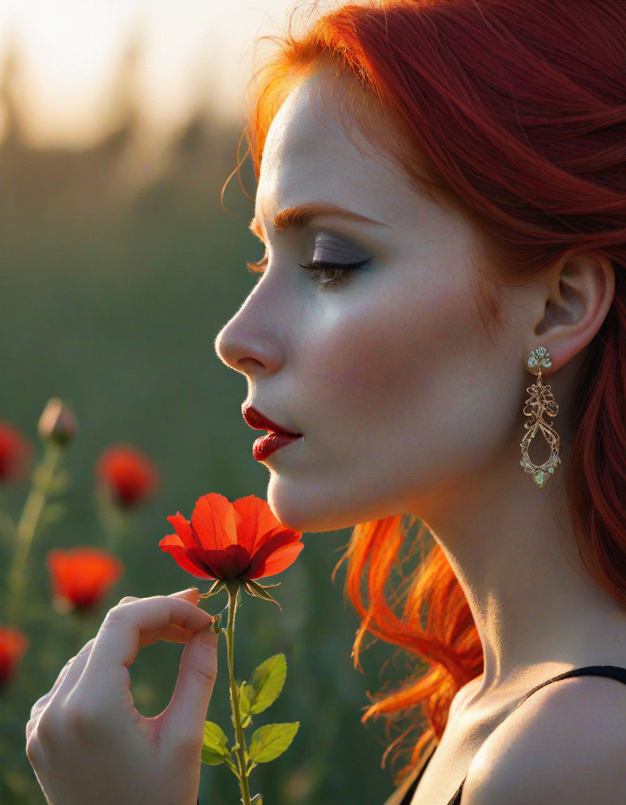 A Red Haired Woman in a Vibrant Red Attire Smells a Red Flow...