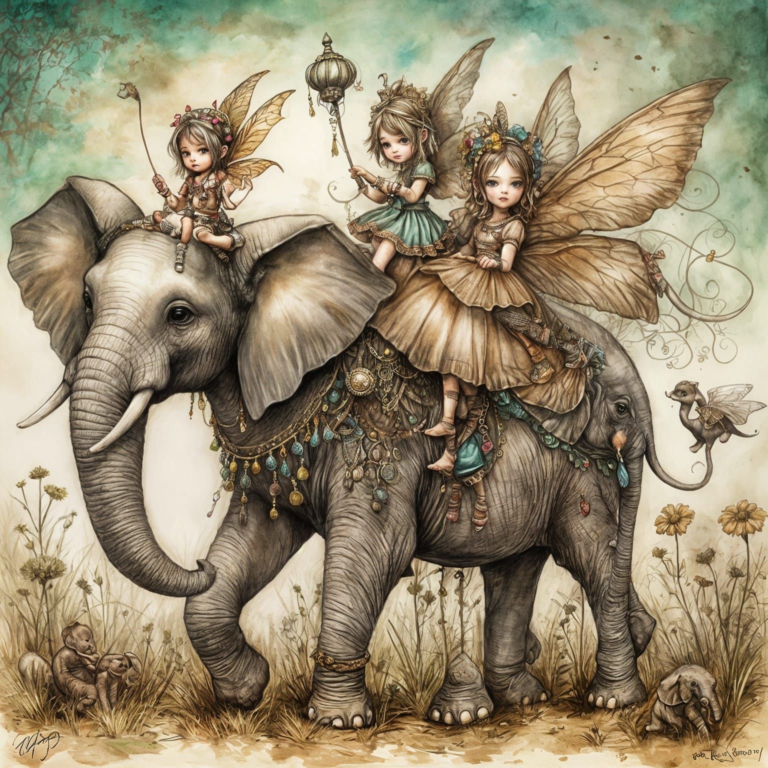 Pixies Ride Elephants Across the Savanna