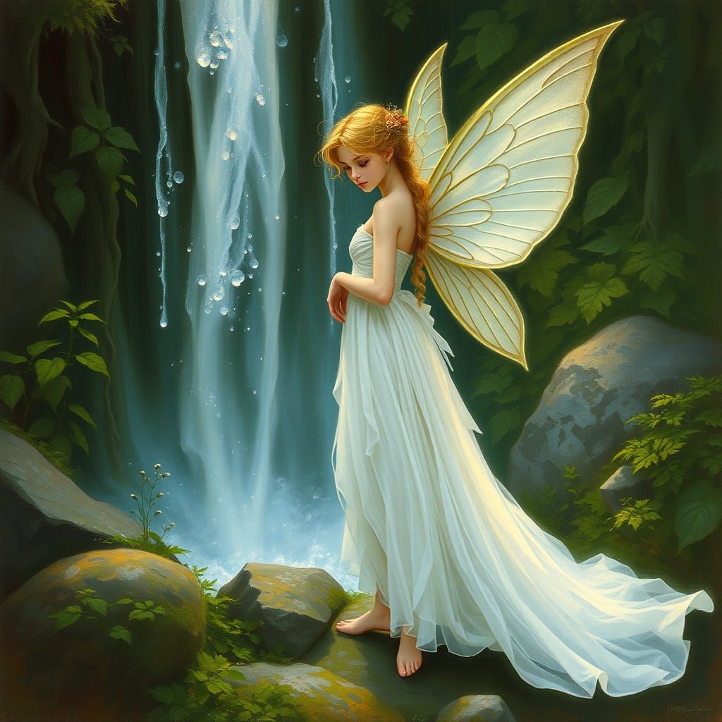 Ethereal Fairy Behind a Waterfall in Fantasy Art Style