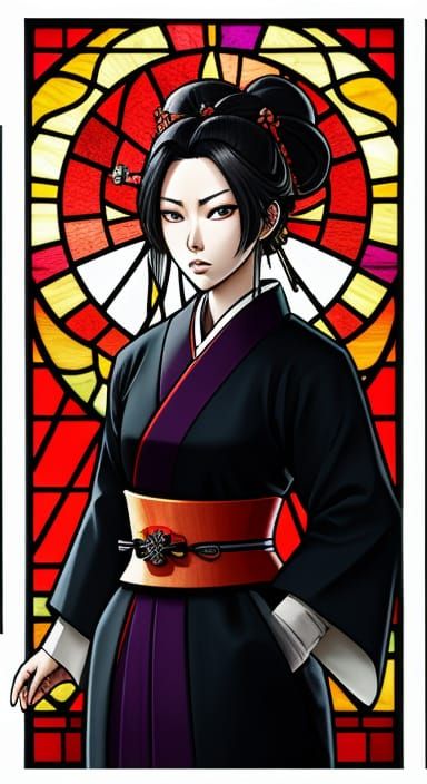 Anime Inspired Female Samurai in Vibrant Stained Glass