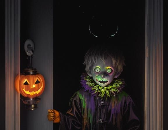 Creepy Halloween Child Oil Painting with Ominous Glow