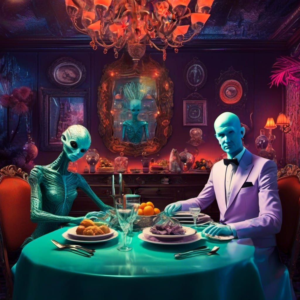 Aliens on a Date: Surrealist Oil Painting