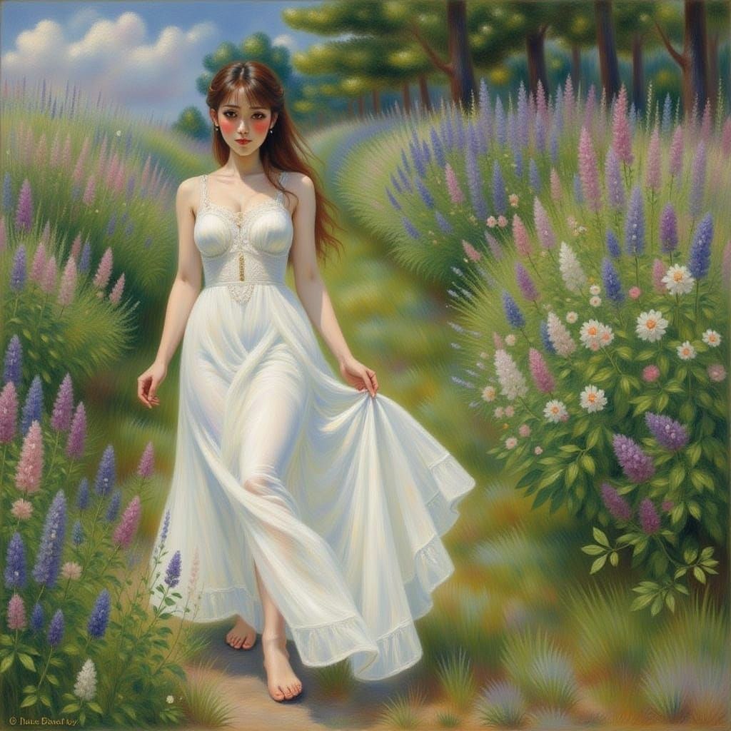 Woman in Elegant White Gown Strolls Through Vibrant Floral M...