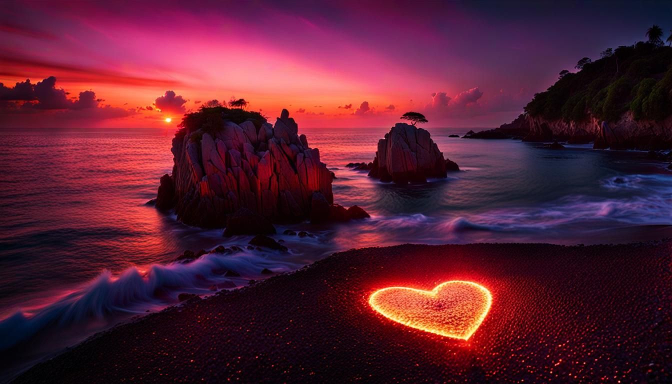 Heart-Shaped Island Sunset: Hyperrealistic Octane Photograph