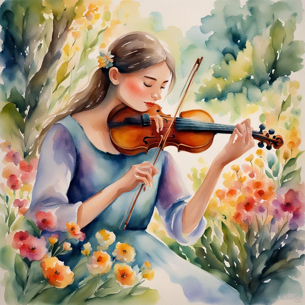 Serene Woman's Watercolor Violin in Lush Garden