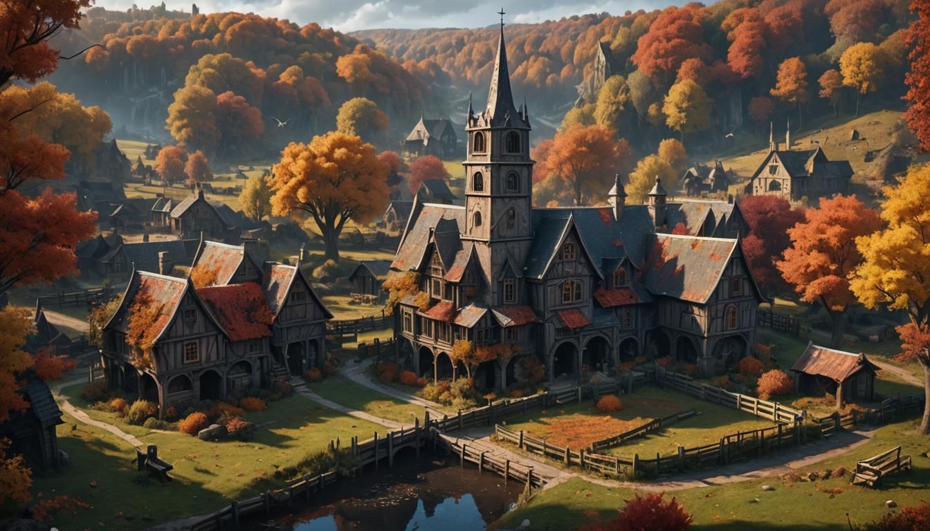Gothic Autumn Farm: Detailed Matte Painting