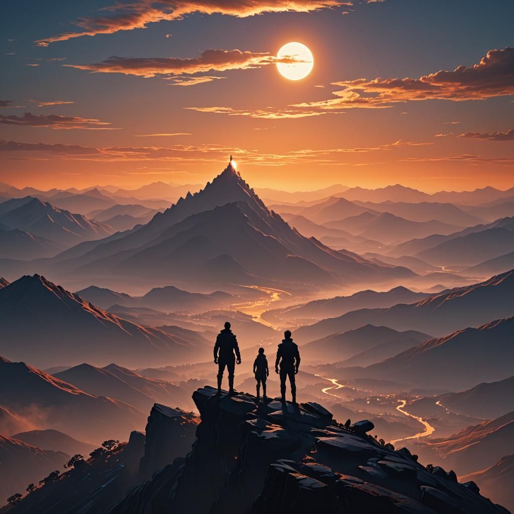 Silhouette on Mountain at Sunset: Fantasy Concept Art