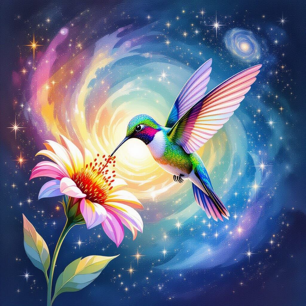 Hummingbird Sips Nectar From Starlight Flower in Galaxy Vort...