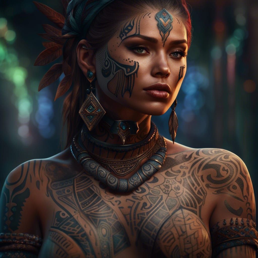 Woman with Tribal Tattoo: Detailed Fantasy Art