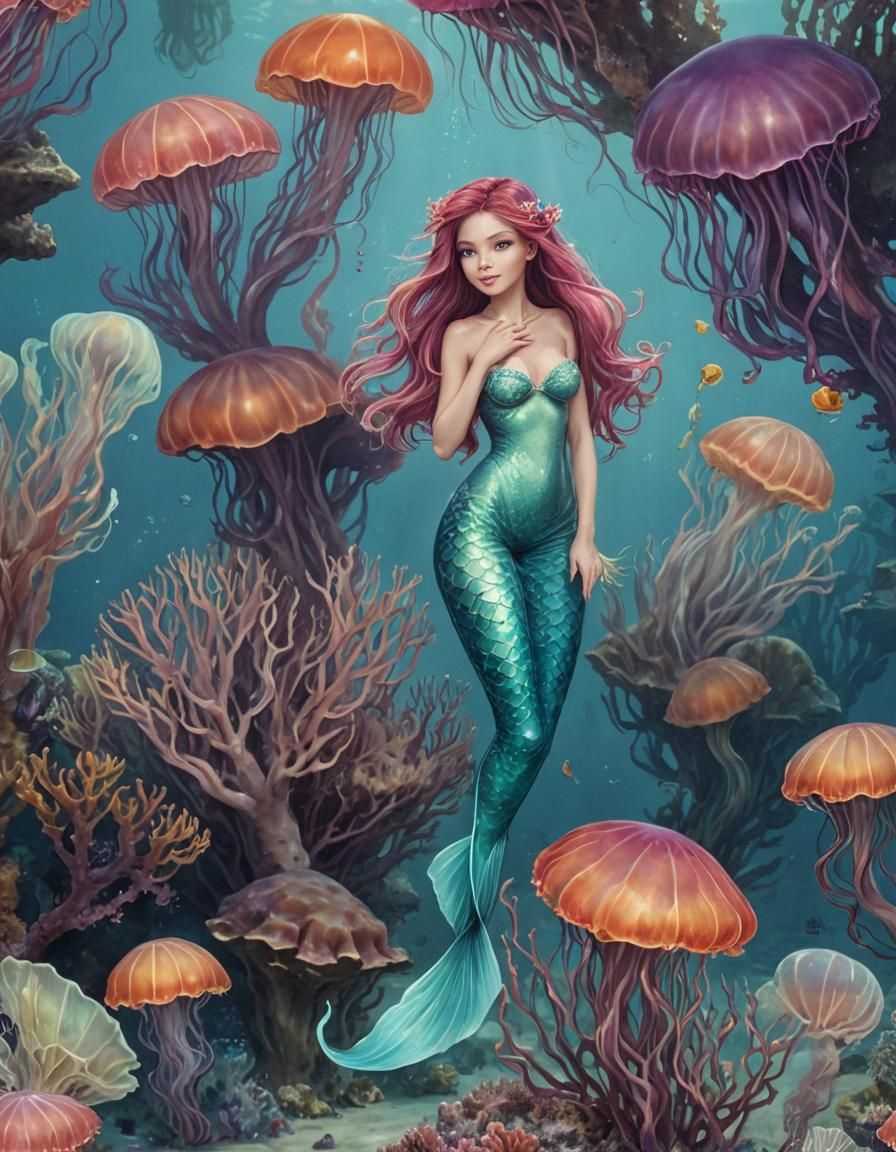 coral reef, mermaid, jelly fish