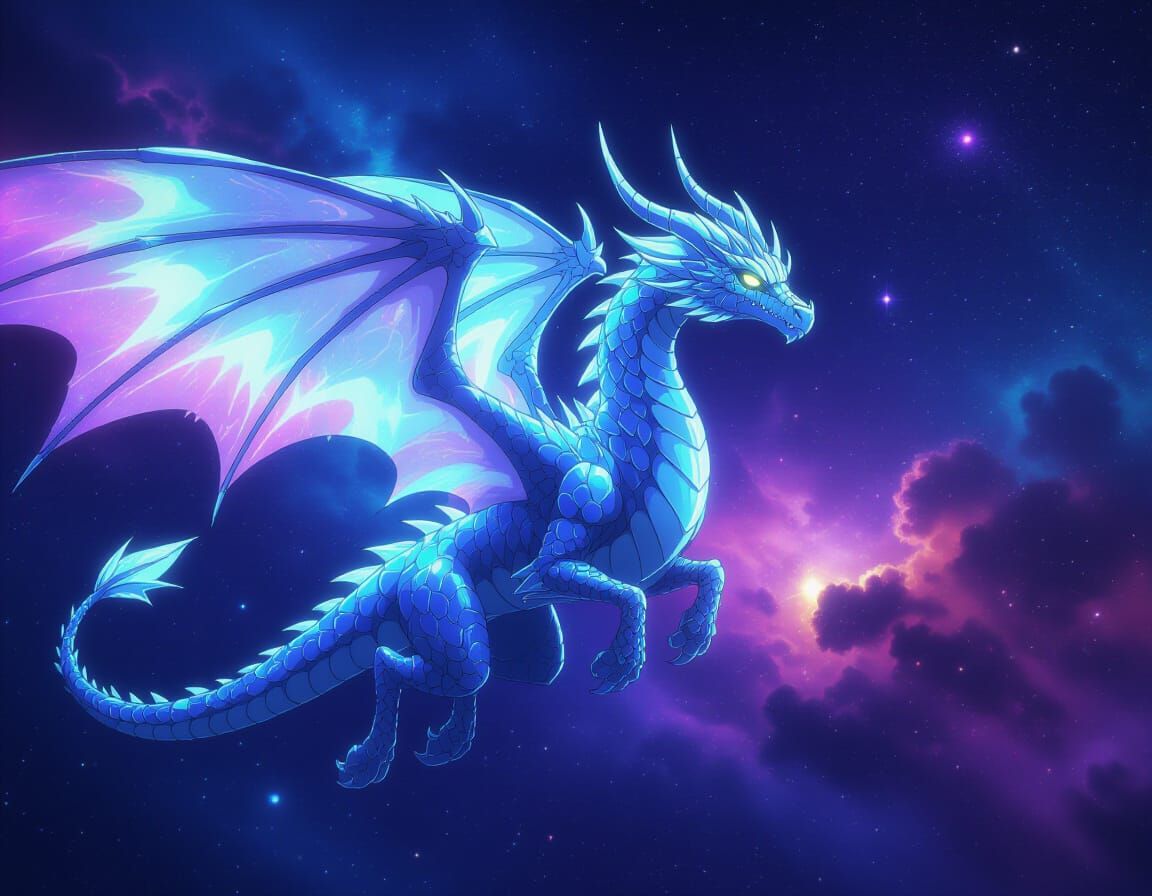 Celestial Ice Dragon Soaring Through Nebula in Anime Style