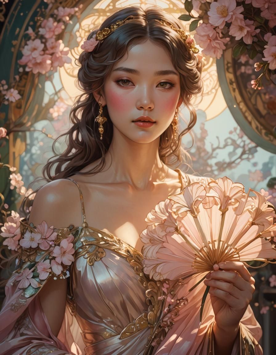 Art Nouveau Woman with Flowers, Klimt-inspired Portrait