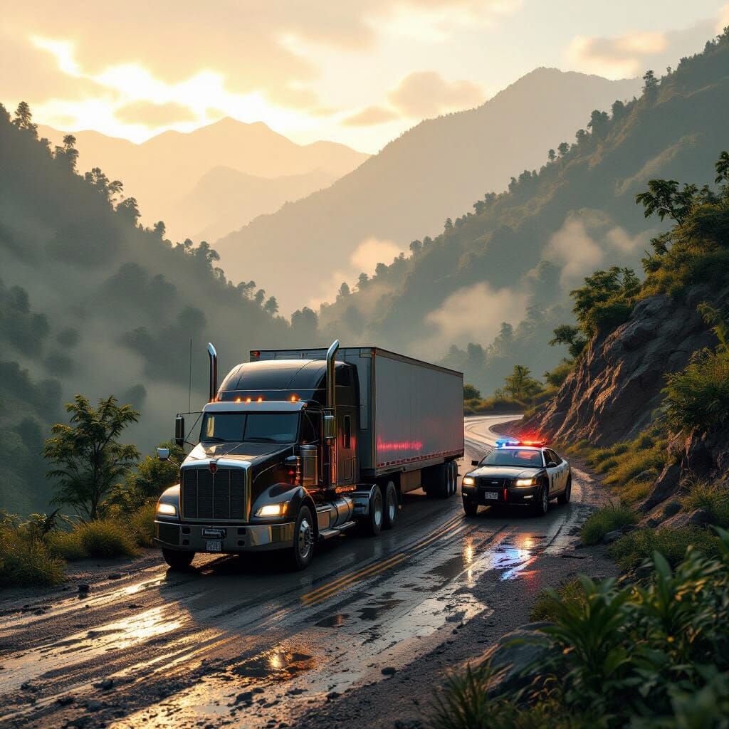 Semi Truck and Police Car on Mountain Road